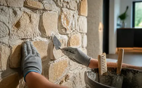 Application de mortier pour comment restaurer la pierre de tuffeau. Une main gantée tient une truelle, l'autre maintient la pierre.