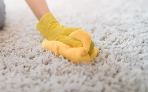 Main tenant, une main gantée de jaune frotte une moquette épaisse. Le nettoyage moquette vapeur redonne son éclat à ce tapis.