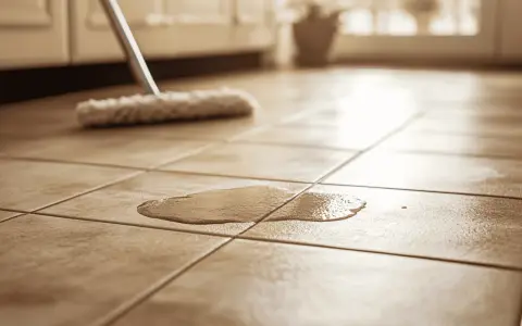 Une serpillière s'apprête à nettoyer des taches blanches sur un carrelage ancien.