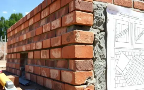 Construction d'un mur en briques rouges, montrant différents types de pierres de construction et un plan détaillé.