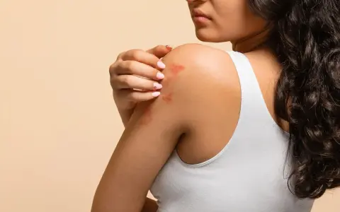 Éruption cutanée sur l'épaule d'une femme, possiblement une allergie soupline.