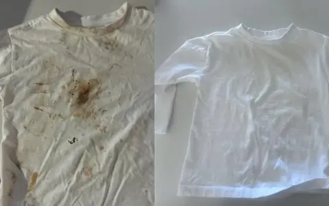 Avant/après : une chemise blanche tachée de terre et de nourriture, puis parfaitement propre. Une démonstration de comment enlever tache sur chemise blanche.
