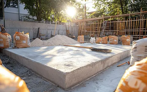 Préparation pour rénover une terrasse en dalle béton : sacs de ciment, sable et une dalle fraîchement coulée sous le soleil.