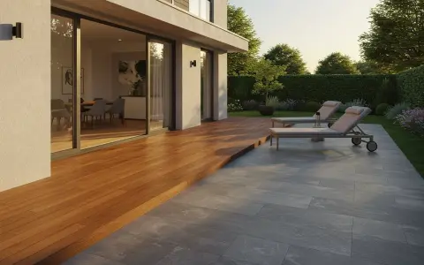 Une terrasse en ardoise naturelle grise, adjacente à une terrasse en bois, avec des chaises longues et un jardin luxuriant.