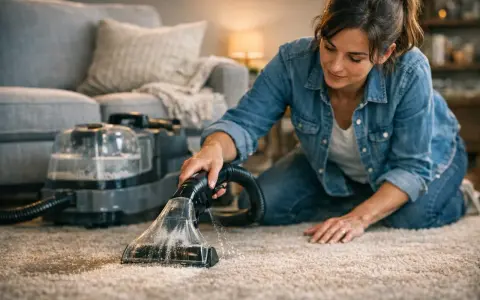Femme à genoux, utilisant un appareil pour shampouiner tapis. La machine projette de l'eau et aspire la saleté pour un nettoyage en profondeur.
