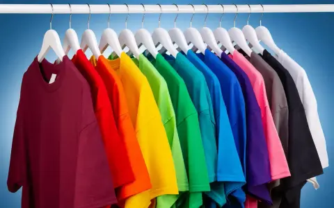 Une rangée de t-shirts colorés sur des cintres blancs, un arc-en-ciel de couleurs pour raviver les couleurs du linge.