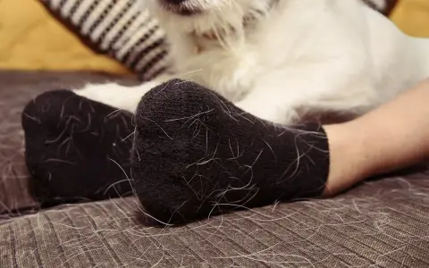 Pieds en chaussettes noires couvertes de poil de chat blanc. Un chien blanc est visible en arrière-plan.