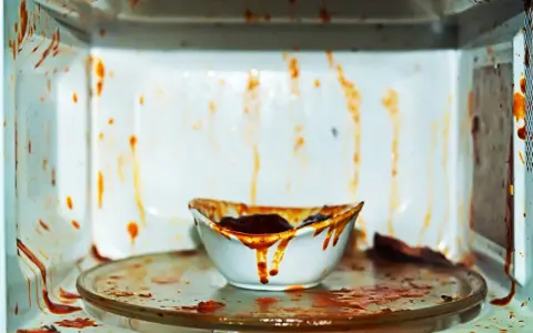 Intérieur d'un micro-ondes très sale, couvert de projections de sauce tomate. Un bol renversé laisse couler le reste du contenu. Il est temps de nettoyer ce micro-ondes !