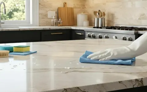 Main dans un gant blanc essuyant un comptoir en marbre avec un chiffon bleu. Des produits de nettoyage et des éponges sont visibles. Un bon traitement pierre pour une cuisine éclatante.