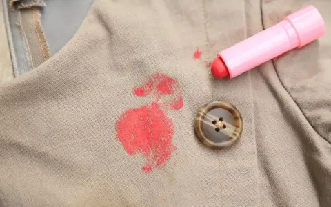 Rouge à lèvres sur polyester : une tache rouge vif sur un tissu beige, à côté d'un bouton marron et du tube de rouge à lèvres rose. Comment enlever cette tache ?