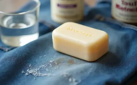 Savon, eau et bicarbonate de soude pour enlever une tache de gras sur un jean.