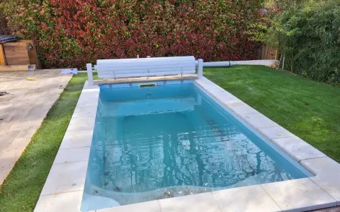Piscine en béton avec des taches noires sur le fond, entourée de gazon et d'une haie.