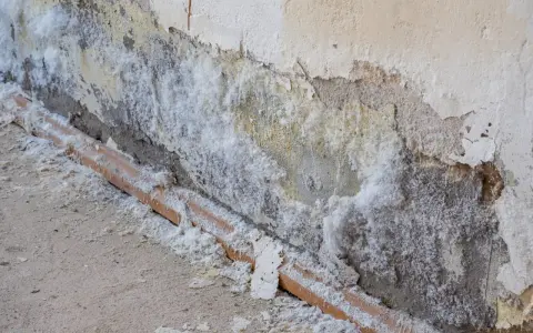 Mur dégradé par l'humidité, avec des efflorescences de salpêtre sur le carrelage et le mur.