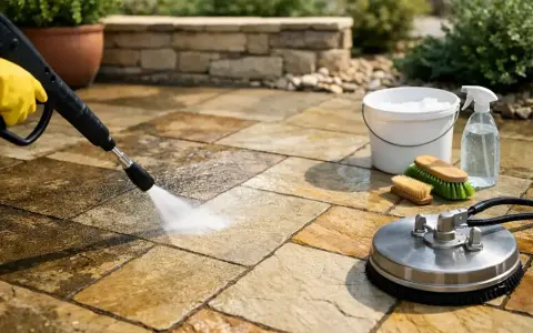 Nettoyer une terrasse en pierre très sale avec un nettoyeur haute pression et des brosses. Un seau et un spray sont prêts pour le nettoyage.
