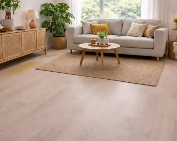 Un salon moderne avec un canapé gris, une table basse en bois et un tapis. Une tache jaune sur le lino, près d'un buffet en rotin, semble tenace.
