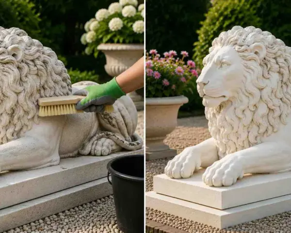 Comment nettoyer une statue de jardin en pierre : une main gantée brosse la crinière d'un lion en pierre. À côté, le lion est propre et resplendissant.