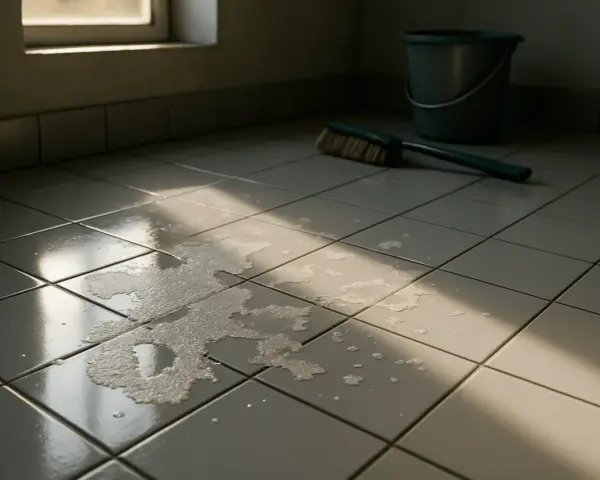 Nettoyage de tomettes avec un seau, une brosse et une flaque d'eau, peut-être pour décaper tomettes acide chlorhydrique.