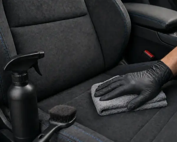 Main tenant, ganté, nettoie un siège de voiture en alcantara avec un chiffon. Un spray et une brosse sont à proximité, pour savoir comment nettoyer un canapé en alcantara.