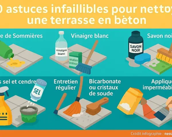 Astuces pour enlever le vert sur terrasse béton : terre de Sommières, vinaigre blanc, savon noir, gros sel, entretien régulier, bicarbonate, imperméabilisant.