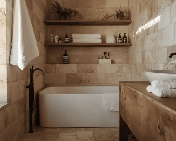 Salle de bain en travertin, baignoire îlot, lavabo sur meuble bois. Avis sur l'entretien travertin : facile et durable.