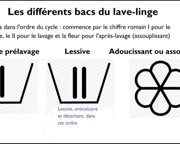 Symbole adoucissant : une fleur stylisée pour l'après-lavage. Le bac I est pour le prélavage, le II pour la lessive.