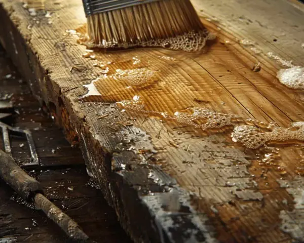 Un pinceau applique un mélange d'huile de lin et d'essence de térébenthine sur une planche de bois brute, près d'une vieille pierre.