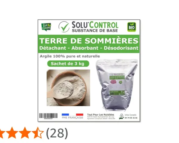 Terre de Sommières 3kg, absorbant naturel pour neutraliser les odeurs, y compris l'urine de chat. Idéal pour un nettoyage écologique.
