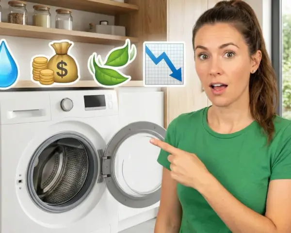 Une femme pointe une machine à laver, avec des icônes symbolisant la réduction de la consommation d'eau et de lessive, et donc des économies.