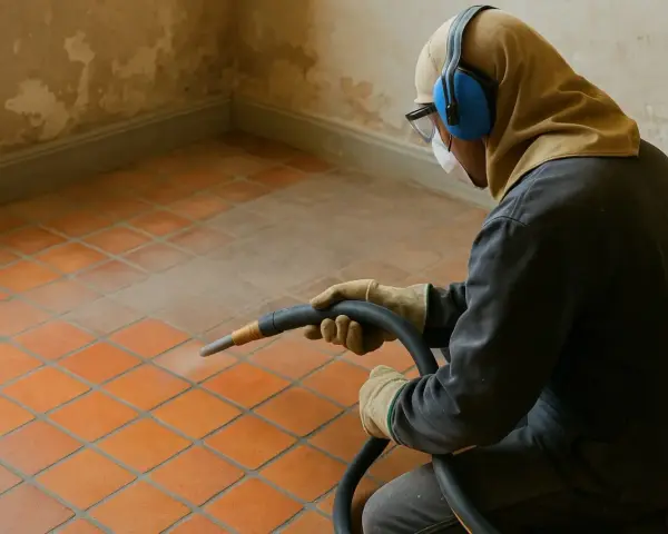 Un ouvrier protégé utilise un appareil pour décaper un carrelage ancien. La poussière s'élève, révélant la beauté sous-jacente.