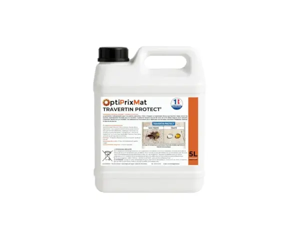 Bidon de 5L de Travertin Protect, un produit qui illustre la différence entre hydrofuge et oléofuge pour protéger vos pierres.