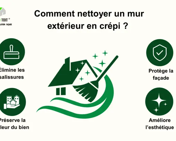 Nettoyer un mur extérieur en crépi pour enlever le vert et les salissures. L'image montre une maison propre, protégée et esthétique.