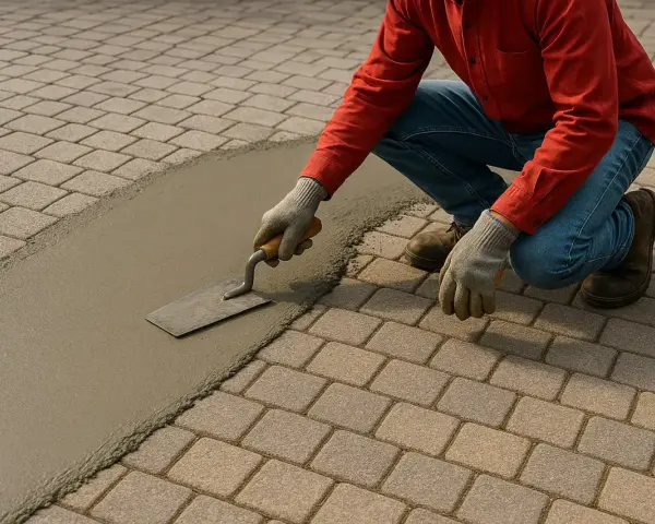 Un ouvrier utilise une truelle pour lisser du mortier sur des pavés autobloquants, préparant le terrain pour une nouvelle finition.