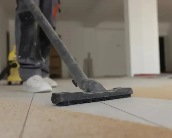 Un aspirateur en action pour enlever l'enduit sur le carrelage. La poussière est aspirée, laissant le sol propre.