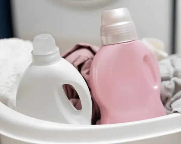 Deux bouteilles de lessive, une blanche et une rose, dans un panier avec du linge.