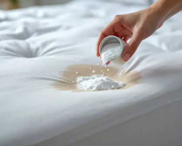 Main blanche, une main verse une poudre blanche sur une tache sur un matelas. Aide à nettoyer matelas pipi.
