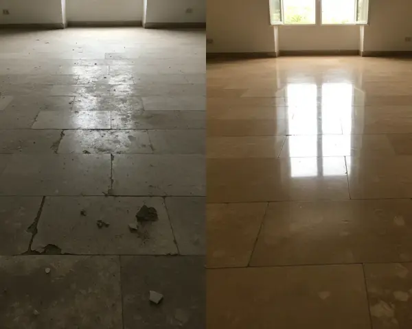 Avant/après : comment enlever le lichen sur les pierres. Le sol en pierre est transformé, passant d'un état sale et abîmé à une surface propre et brillante.