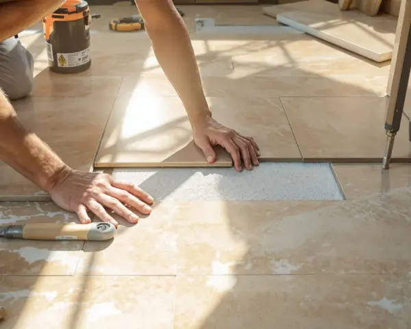 Pose d'un carrelage imitation travertin. Mains ajustant une dalle sur le lit de mortier. Outil de carreleur à proximité.