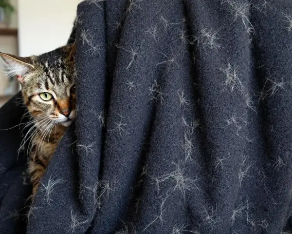 Un chat tigré se cache derrière un plaid couvert de poils. Une aide pour savoir comment enlever les poils de chat.
