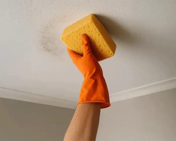 Main tenant nettoie le plafond taché avec une éponge jaune. Le sol sale n'est plus un problème.