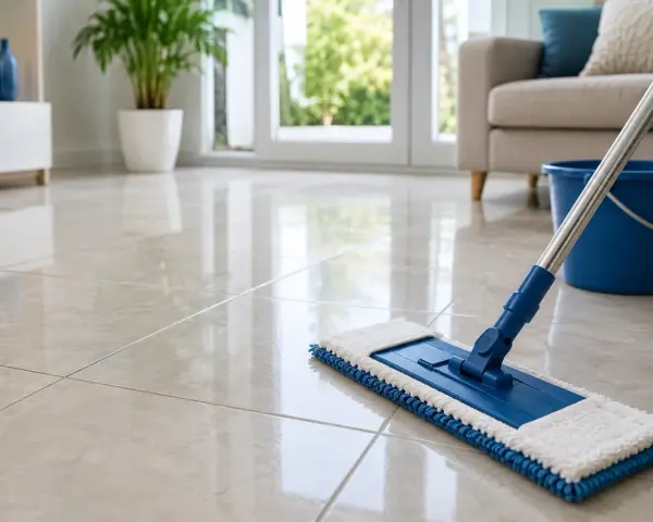 Un balai bleu et blanc est prêt à laver le carrelage sans trace. Un seau bleu est à proximité.