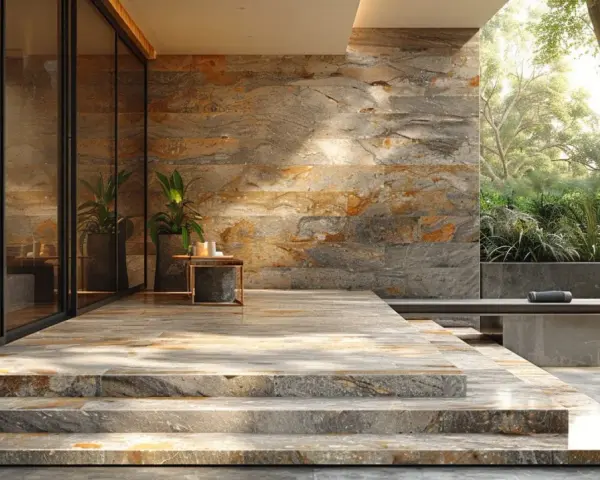 Escalier en pose travertin sur dalle béton, menant à une terrasse moderne avec mur en pierre naturelle et végétation luxuriante.