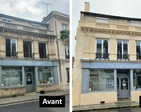 Avant/Après : un mur en pierre intérieur noirci a été nettoyé, révélant sa beauté naturelle.