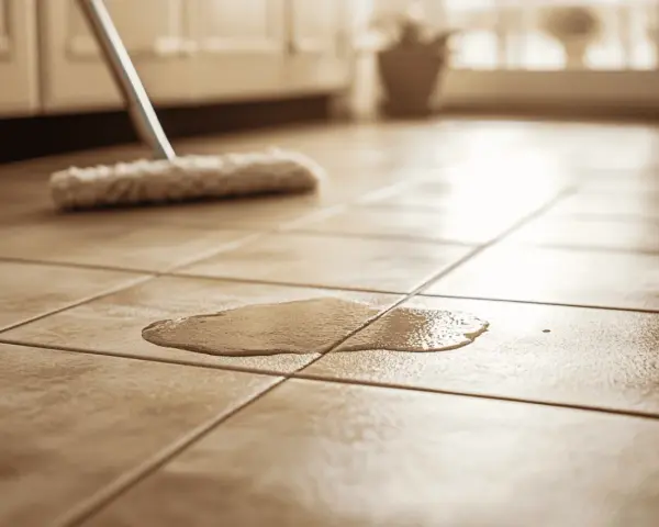 Une serpillière s'apprête à nettoyer des taches blanches sur un carrelage ancien.
