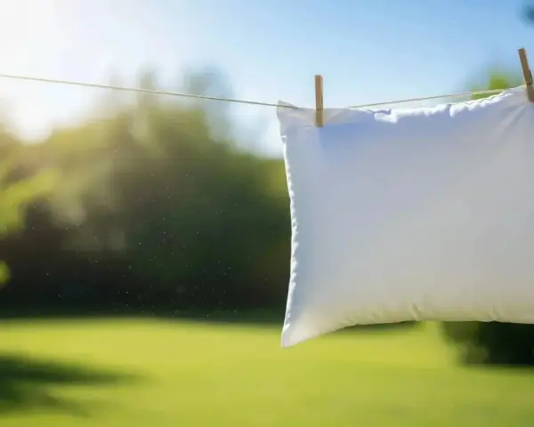 Un oreiller blanc sèche au soleil, suspendu à une corde à linge avec des pinces à linge. Un symbole de fraîcheur et de propreté après un bon nettoyer oreiller.