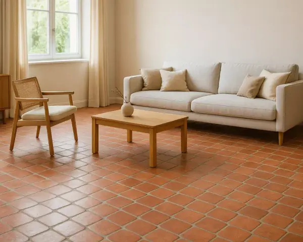 Un salon cosy avec un canapé clair, un fauteuil en rotin et un sol en **sol tomette ancienne** réchauffant l'atmosphère.