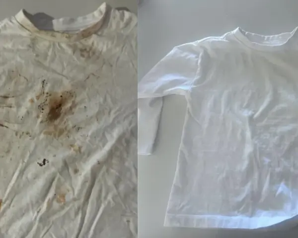 Avant/après : une chemise blanche tachée de terre et de nourriture, puis parfaitement propre. Une démonstration de comment enlever tache sur chemise blanche.