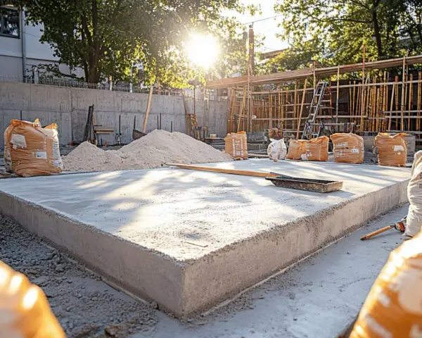 Préparation pour rénover une terrasse en dalle béton : sacs de ciment, sable et une dalle fraîchement coulée sous le soleil.