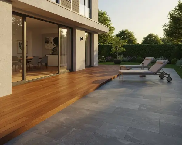 Une terrasse en ardoise naturelle grise, adjacente à une terrasse en bois, avec des chaises longues et un jardin luxuriant.