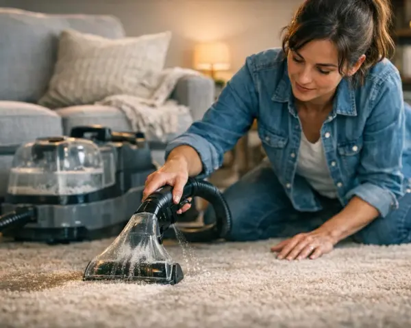 Femme à genoux, utilisant un appareil pour shampouiner tapis. La machine projette de l'eau et aspire la saleté pour un nettoyage en profondeur.