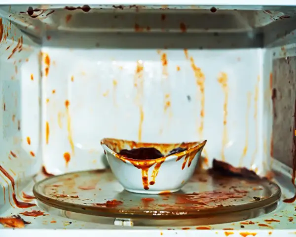 Intérieur d'un micro-ondes très sale, couvert de projections de sauce tomate. Un bol renversé laisse couler le reste du contenu. Il est temps de nettoyer ce micro-ondes !